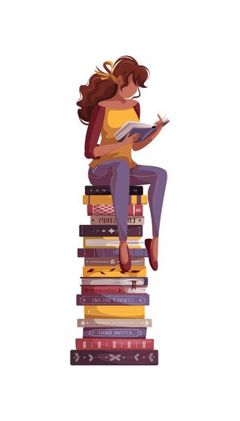 Γυναίκα κάθεται στη στοίβα των βιβλίων και την ανάγνωση. Βιβλιοπωλείο, βιβλιοπωλείο, βιβλιοθήκη, βιβλιοθηκάριος, βιβλιόφιλος, εκπαιδευτική έννοια. Απομονωμένη διανυσματική απεικόνιση. - Διάνυσμα, εικόνα