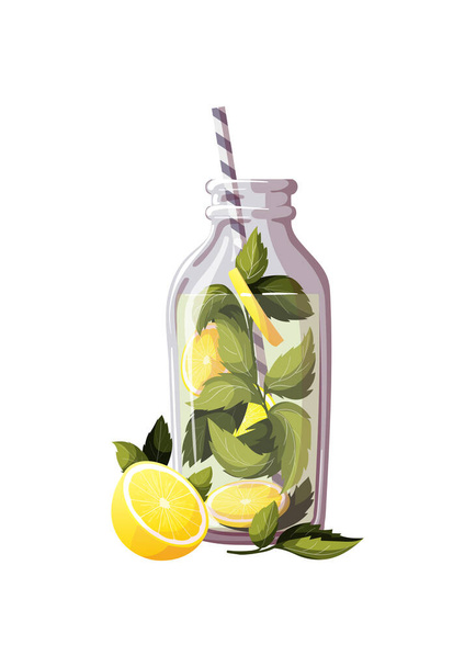 Lemon and mint drink. Healthy eating, cooking, menu, detox, cocktail concept. Isolated vector illustration. - Vektor, obrázek