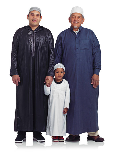 Family, portrait and muslim men in studio for family time, bonding and Islamic religion against white background. Islam, generation and mature man enjoying quality time, holy gathering and isolated. - Photo, Image