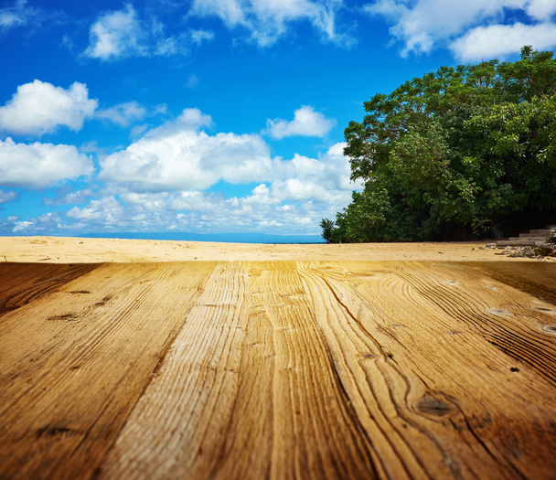 Old wooden table with sea scene - Φωτογραφία, εικόνα