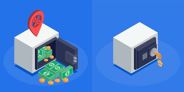 Bank loan mortgage credit isometric composition with two metal safes with money and key isolated on blue background 3d vector illustration - Vettoriali, immagini