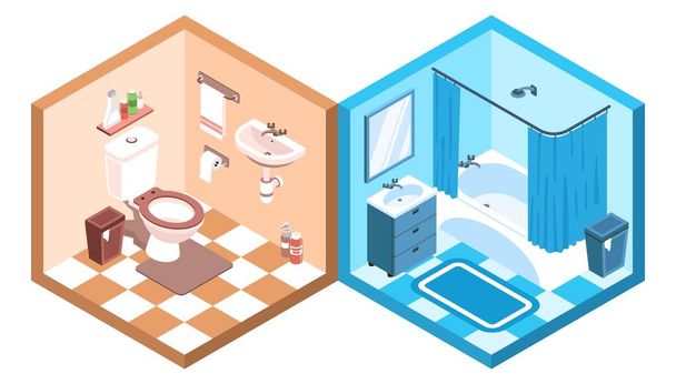 Інтер'єр ванної кімнати та туалету з меблями та аксесуарами ізометрична композиція 3d Векторні ілюстрації
 - Вектор, зображення