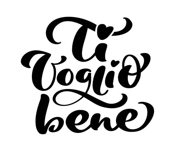 I love you on Italian Ti Voglio Bene. Black vector calligraphy lettering text with heart. Holiday quote design for valentine greeting card, phrase poster. - Vektor, Bild