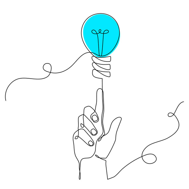 Hand holds light bulb one line art, hand-drawn electric devices backdrop,power outage concept.Electric lighting and illumination background.Decoration for blackout in Ukraine.Editable stroke. - Vector, Imagen
