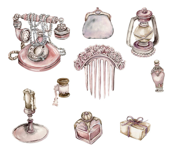 Watercolor illustration of an old rusty elements, ribbon,lamp, mirror, comb with ornament. Perfect for wedding invitation, greetings card, posters, party decor.Hand drawn with watercor. - Foto, imagen
