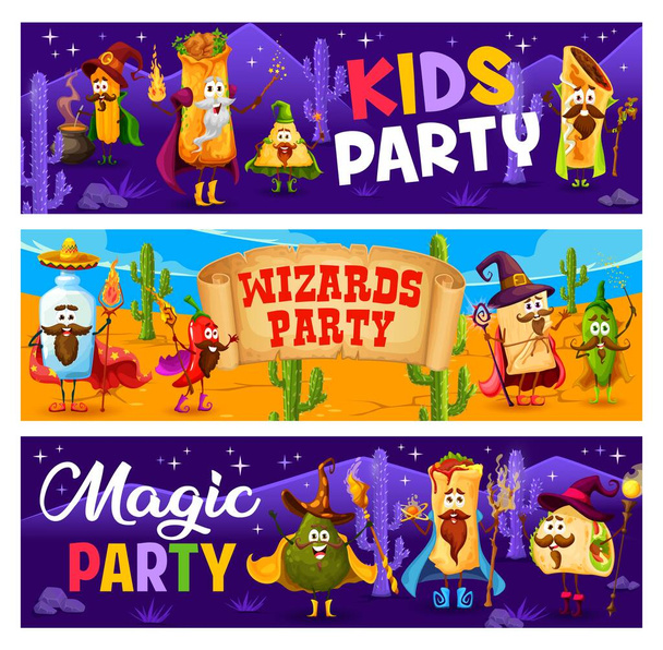 Wizards magic party cartoon tex mex mexican food characters. Vector banners with cute burrito, tacos, churros and avocado, pulque, tequila or enchiladas and nachos mage sorcerer personages - Vector, imagen