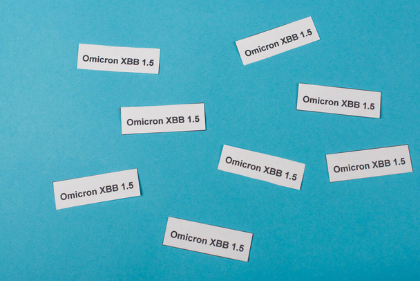 Top view of paper with omicron xbb lettering on blue background  - Fotografie, Obrázek