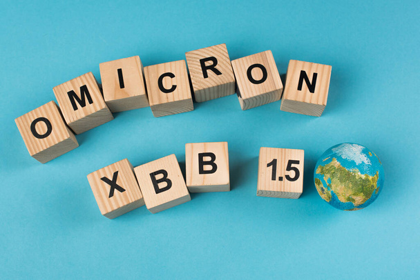 Top view of wooden cubes with omicron xbb lettering near globe on blue background  - Foto, immagini