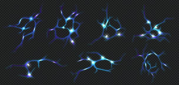 Realistic ground cracks set with blur colored neuron fracture images with glowing sections on dark background vector illustration - Wektor, obraz