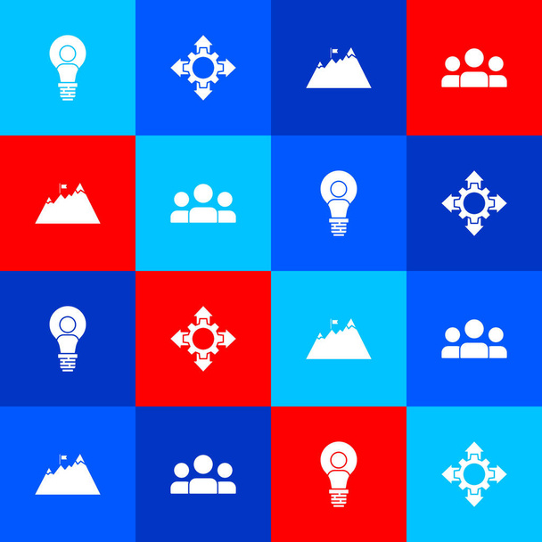 Set Head with lamp bulb, Project team base, Mountains flag and Users group icon. Vector. - Vektor, Bild