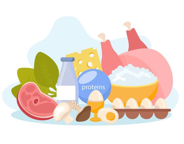 生の肉卵やキノコのベクターイラストなどのタンパク質を含む製品の束と微量成分のフラット組成 - ベクター画像