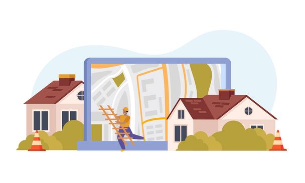 Roof flat composition with front view of laptop district map and jumping worker with small houses vector illustration - Vector, afbeelding