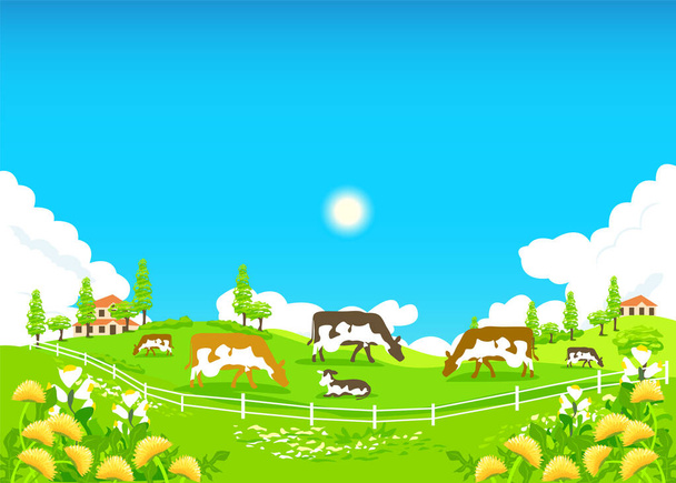 A herd of cows is grazing in the pasture. Summer in the village. Vector illustration of a farm with cows in a flat style. - Wektor, obraz