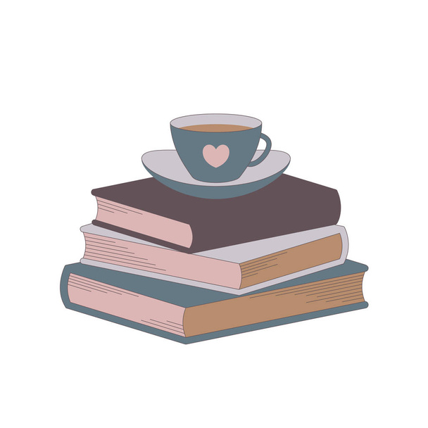 Stack of books and a cup of coffee. Leisure time. - Vector, Image