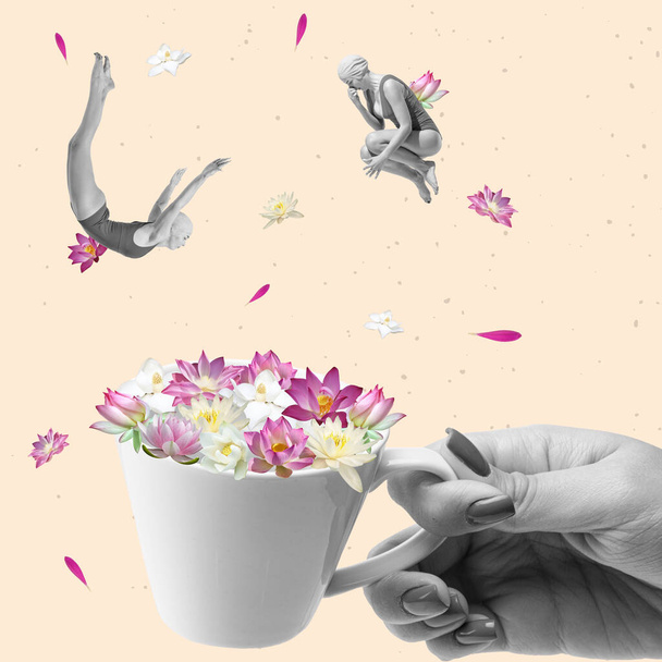 Happy women in swimming suit jumping into huge cup with flowers. Dreams and summer vibes. Contemporary art collage. Inspiration, creativity, ideas and holidays, ad concept. - Foto, Imagen