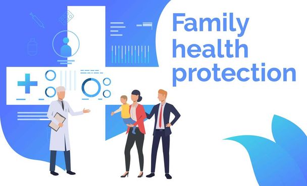 Family visiting doctor at health center vector illustration. Heath center, healthcare, diagnostic center. Family health protection concept. Creative design for presentations, templates, banners - Vector, Image