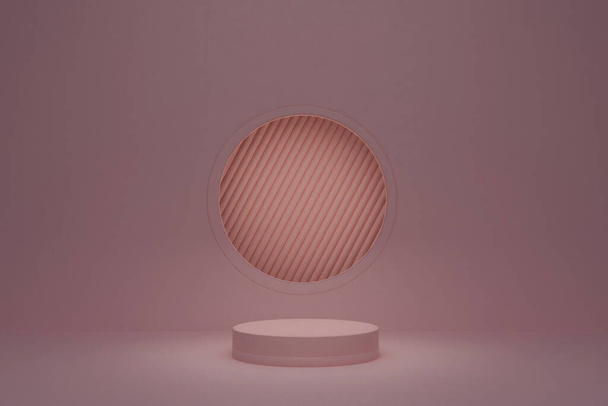 3D рендеринг. Изображение сцены бежевого подиума цилиндра на бежевом фоне с сияющим кругом в стене - Фото, изображение