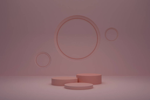 抽象的な背景,壁に円とベージュの背景にベージュのシリンダー表彰台でシーンをモックアップ.3Dレンダリング. - 写真・画像
