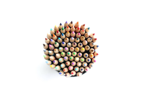 Colored pencils circle on white background from above. Colored pencils for drawing concept - Zdjęcie, obraz