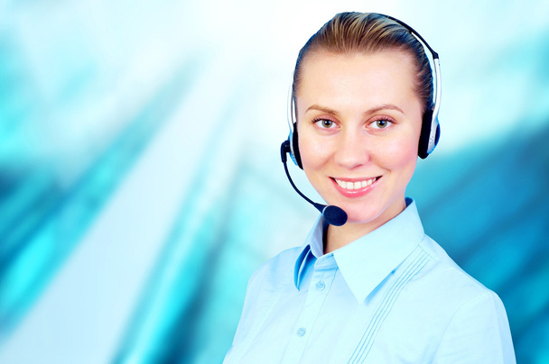 Happiness businesswoman speak in headphones on blur business arc - Photo, Image