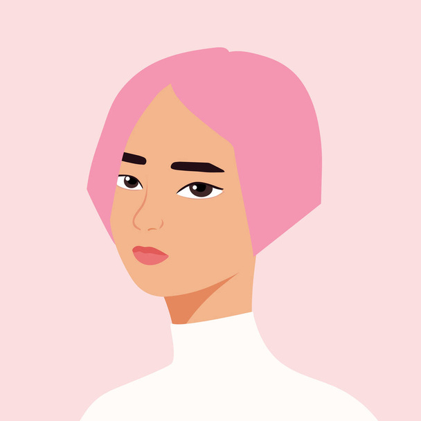 美しいハーフターンスタイリッシュな女性の肖像画。ピンクの髪の少女。ファッションと美しさ。女だ。ソーシャルネットワークのためのアバター。明るい芸術。平式 - ベクター画像