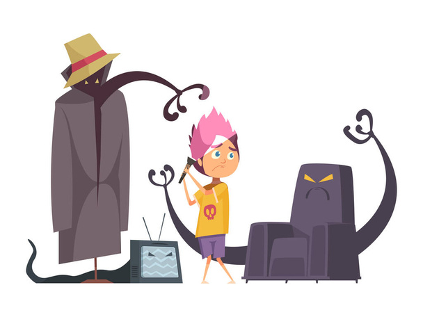 Childhood fears cartoon concept with little boy with torch scared by furniture monsters vector illustration - Διάνυσμα, εικόνα