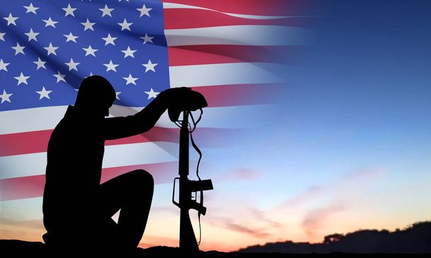 Silhouette of soldier kneeling down on a background of sunset and USA flag. Greeting card for National Holidays. EPS10 vector - Vector, Image