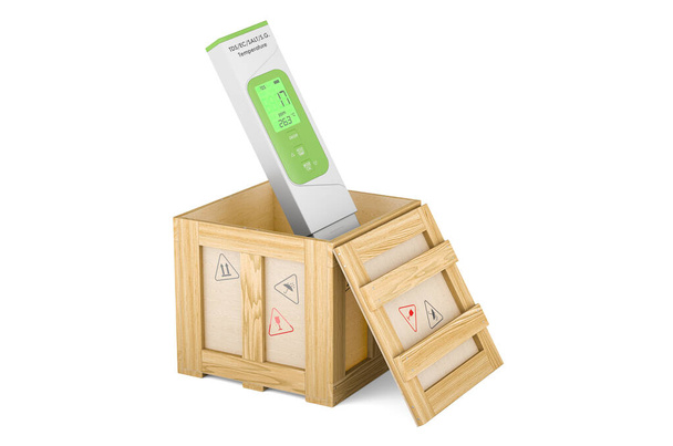 TDS meter inside wooden box, delivery concept. 3D rendering isolated on white background - Foto, immagini