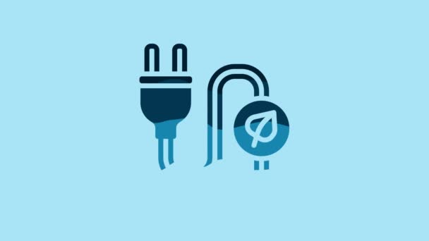 Blue Electric saving plug in leaf icon isolated on blue background. Save energy electricity. Environmental protection. Bio energy. 4K Video motion graphic animation . - Imágenes, Vídeo
