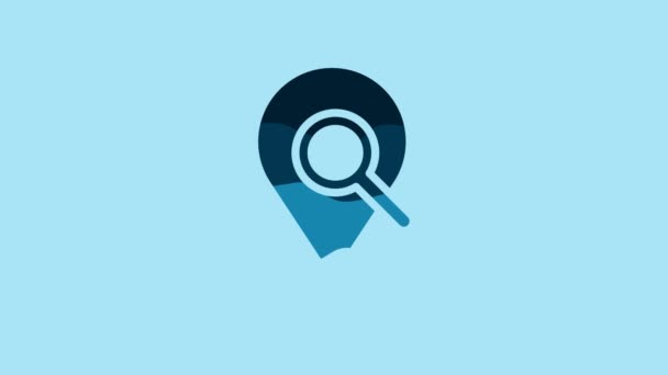 Blue Search location icon isolated on blue background. Magnifying glass with pointer sign. 4K Video motion graphic animation . - Metraje, vídeo
