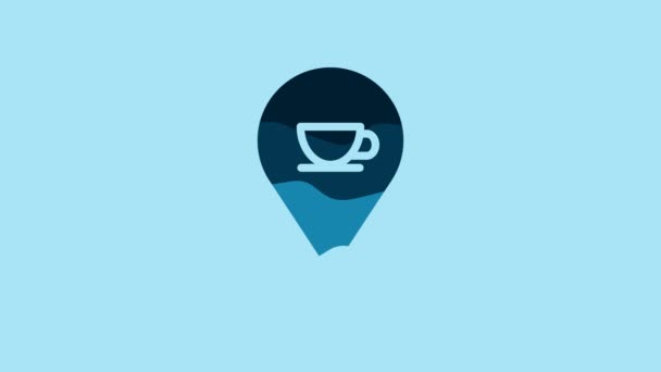 Blue Location with coffee cup icon isolated on blue background. 4K Video motion graphic animation . - Metraje, vídeo