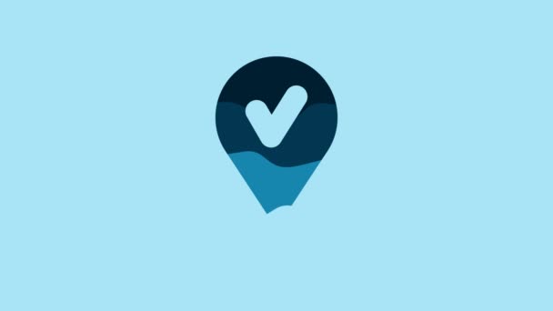Blue Map pin with check mark icon isolated on blue background. Navigation, pointer, location, map, gps, direction, place, compass, search concept. 4K Video motion graphic animation . - Filmagem, Vídeo