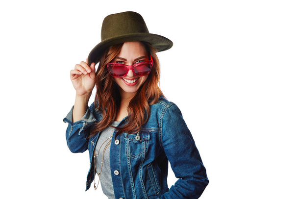 Woman, portrait or fashion sunglasses on isolated white background for trendy, cool or hipster brand marketing. Smile, happy or gen z model with clothing, hat or creative clothes on mock up backdrop. - Foto, immagini