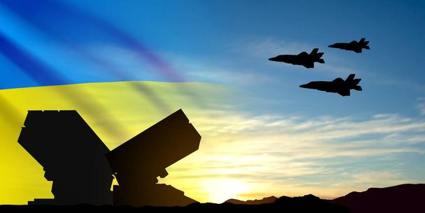ППО на тлі неба на заході сонця з українським прапором. Концепція протиповітряної оборони. EPS10 вектор - Вектор, зображення
