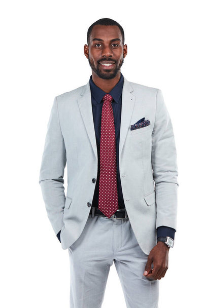 Businessman, success and CEO portrait with leadership, executive smile with vision isolated on white background. Black man, black business and professional corporate boss, career goals with mindset. - Foto, afbeelding