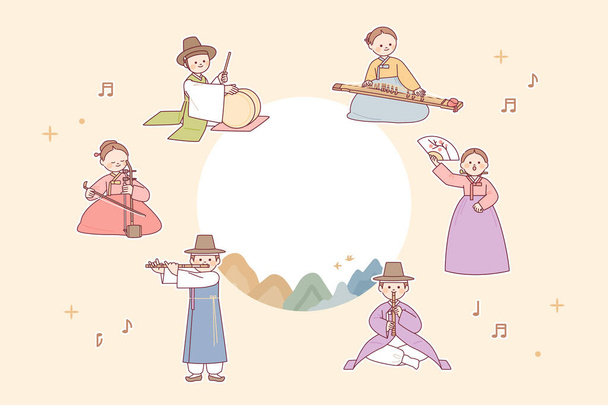 Κορεάτικη παραδοσιακή μουσική παράσταση. Οι μουσικοί παίζουν παραδοσιακά όργανα. - Διάνυσμα, εικόνα