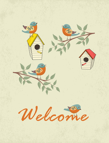 Casa de aves y señal de bienvenida
 - Vector, imagen