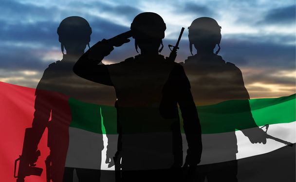 Silhouette of a soldiers on background of the sunrise and UAE flag. Armed forces of United Arab Emirates. Concept for Commemoration Day, Martyrs Day. 3D-image, 3D-rendering - Vektor, obrázek