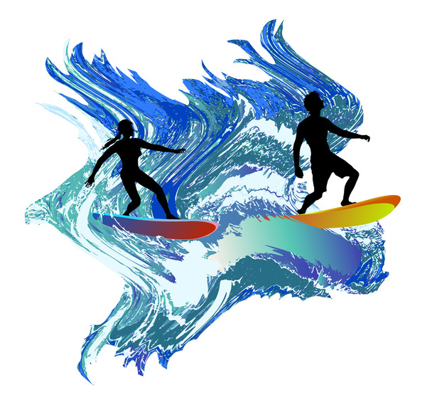 Silhuetas de surfistas nas ondas turbulentas
 - Vetor, Imagem