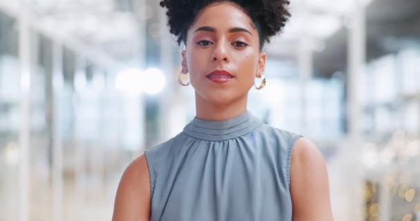 Face, mindset or mission and a business black woman at work standing in her office with a vision for the future. Motivation, goal and target with a female employee working for corporate success. - Materiał filmowy, wideo