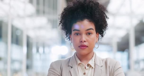 Face, mindset or vision and a business black woman at work standing in her office with a mission for the future. Motivation, goal and target with a female employee working for corporate success. - Filmagem, Vídeo