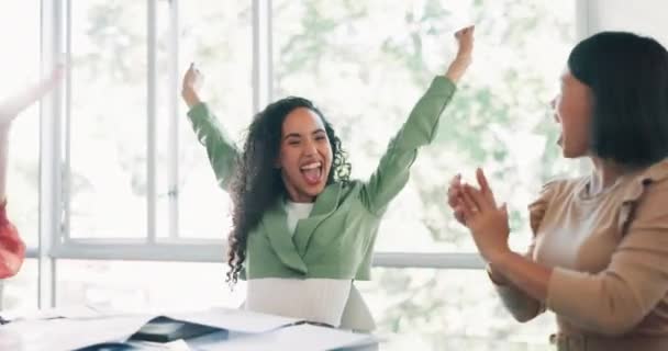 Business woman cheers, team and applause with success and support, solidarity to celebrate professional win. Business meeting, trust and corporate, happy employee group with collaboration and winner. - Video