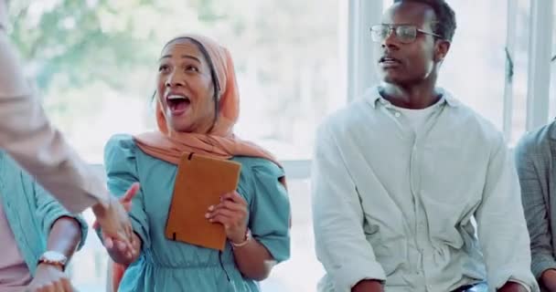 Woman, islamic and handshake with celebration at interview, happy or excited smile in onboarding queue. Muslim professional, celebrate and success at recruitment for job, career or goals at workplace. - Metraje, vídeo