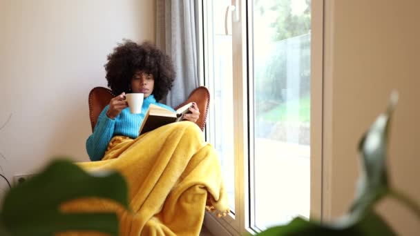 Beautiful young black woman sitting on the sofa reading a book and drinking coffee. - Imágenes, Vídeo