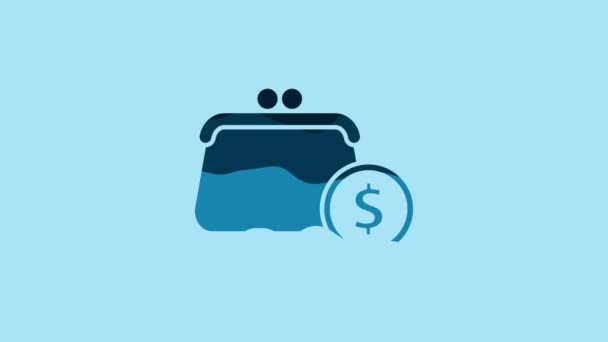 Blue Wallet with coins icon isolated on blue background. Purse icon. Cash savings symbol. 4K Video motion graphic animation . - Video