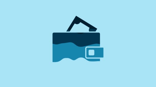 Blue Wallet with stacks paper money cash icon isolated on blue background. Purse icon. Cash savings symbol. 4K Video motion graphic animation . - Felvétel, videó