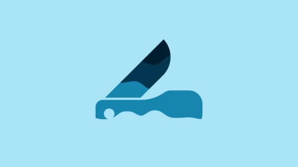 Blue Swiss army knife icon isolated on blue background. Multi-tool, multipurpose penknife. Multifunctional tool. 4K Video motion graphic animation . - Footage, Video