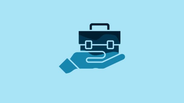 Blue Hand holding briefcase icon isolated on blue background. Insurance concept. Security, safety, protection, protect concept. 4K Video motion graphic animation . - Felvétel, videó