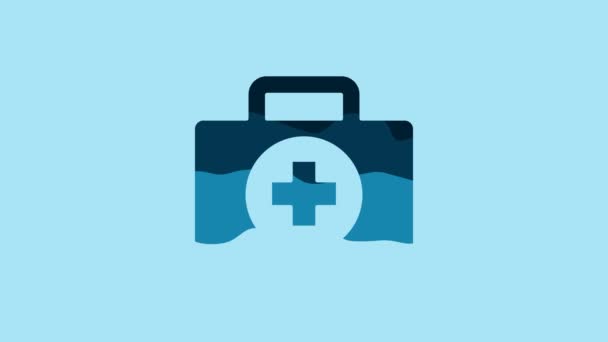 Blue First aid kit icon isolated on blue background. Medical box with cross. Medical equipment for emergency. Healthcare concept. 4K Video motion graphic animation . - Video
