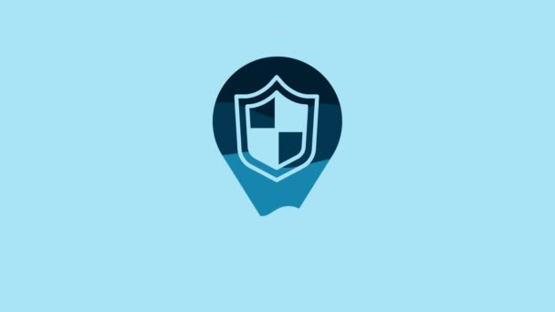 Blue Location shield icon isolated on blue background. Insurance concept. Guard sign. Security, safety, protection, privacy concept. 4K Video motion graphic animation . - Filmati, video